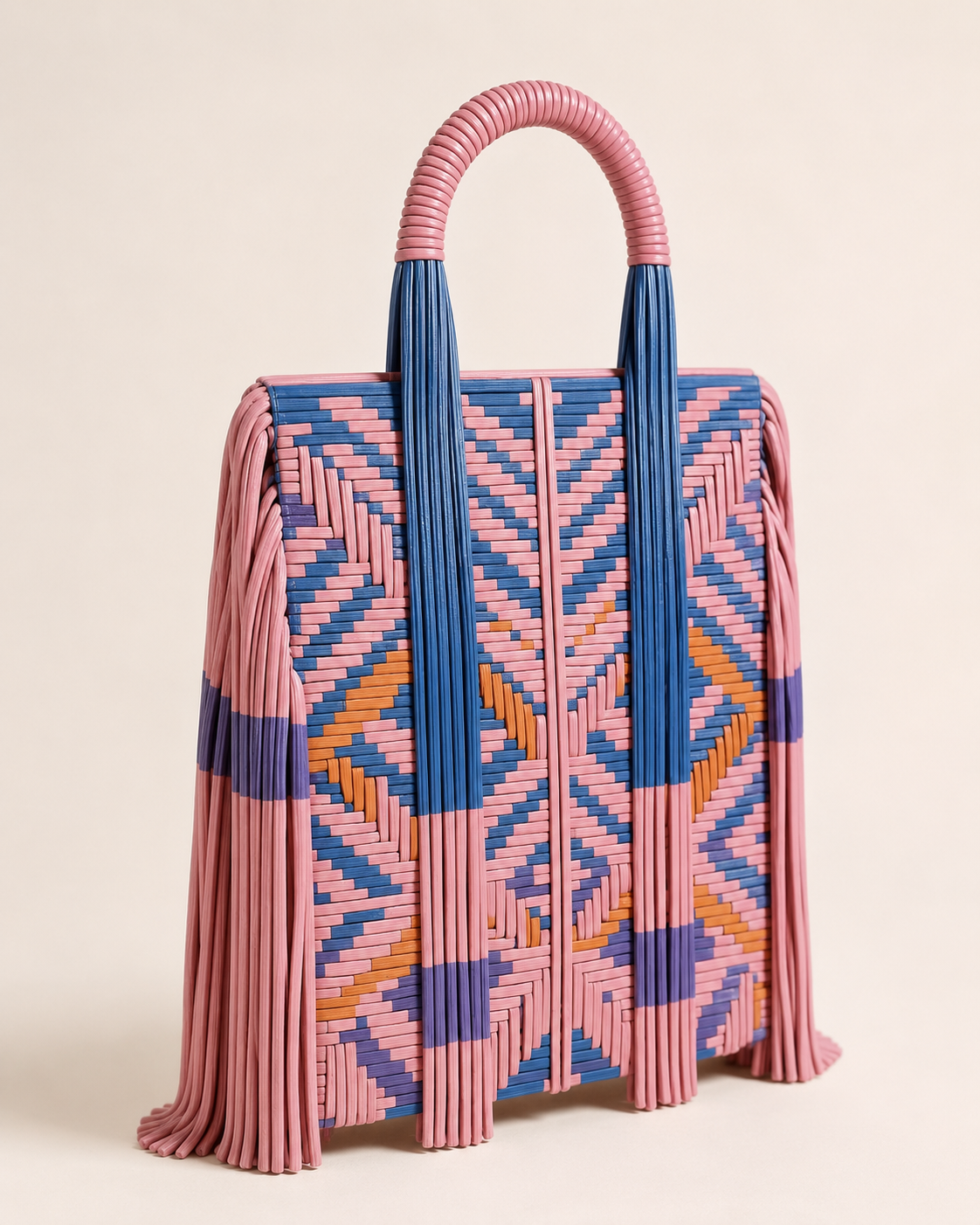 Avant-Garde Geometric Interwoven Leather Totem Tote Bag with Architectural Fringe