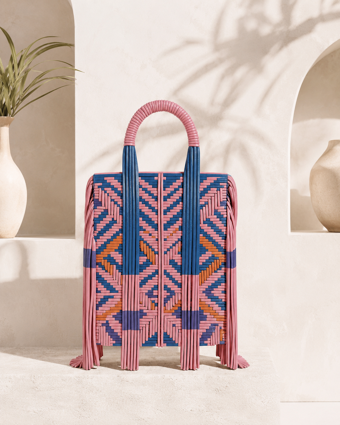 Avant-Garde Geometric Interwoven Leather Totem Tote Bag with Architectural Fringe