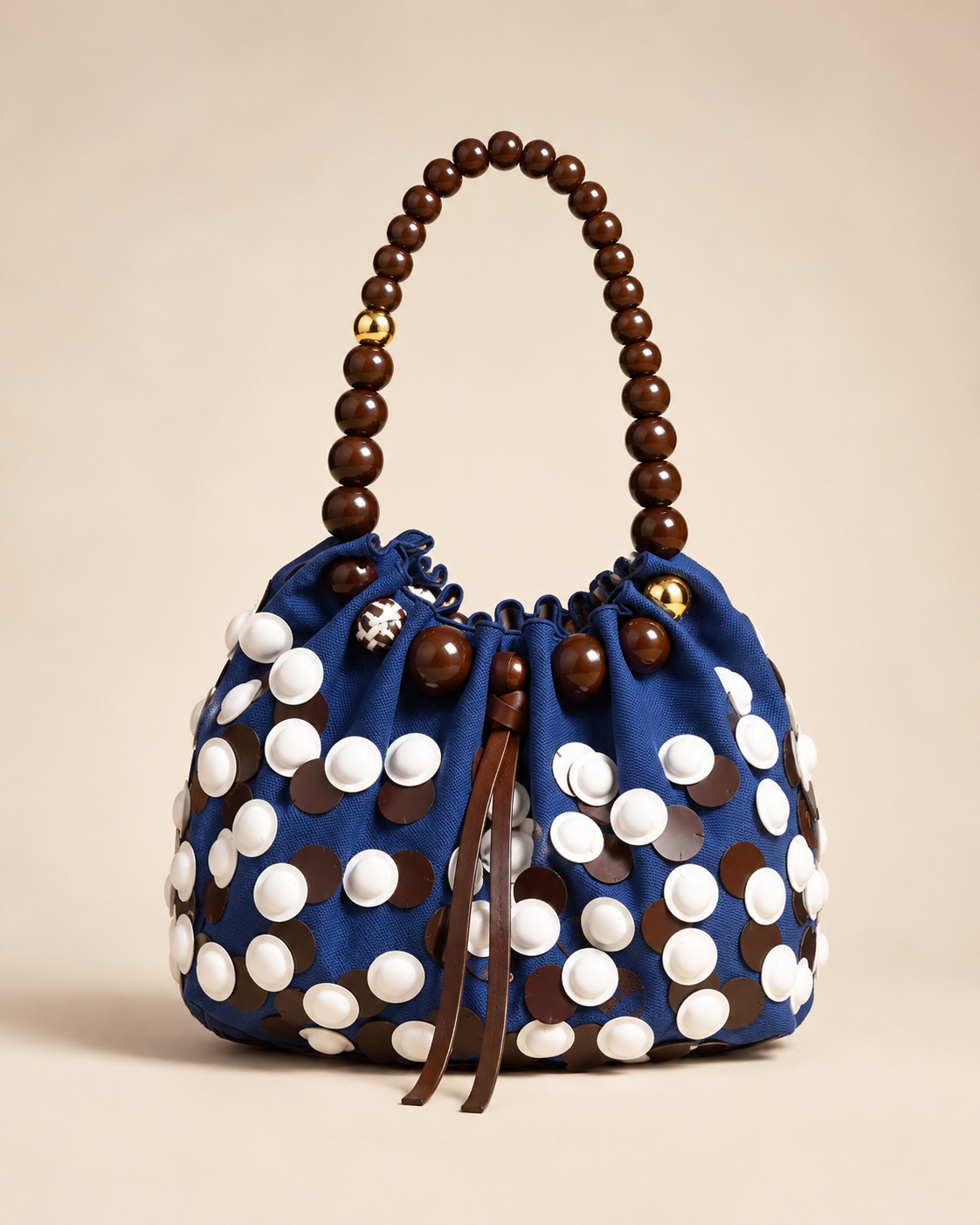 Modernist Cobalt Canvas Pouch Bag with Geometric Disc Appliqués and Beaded Arch Handle