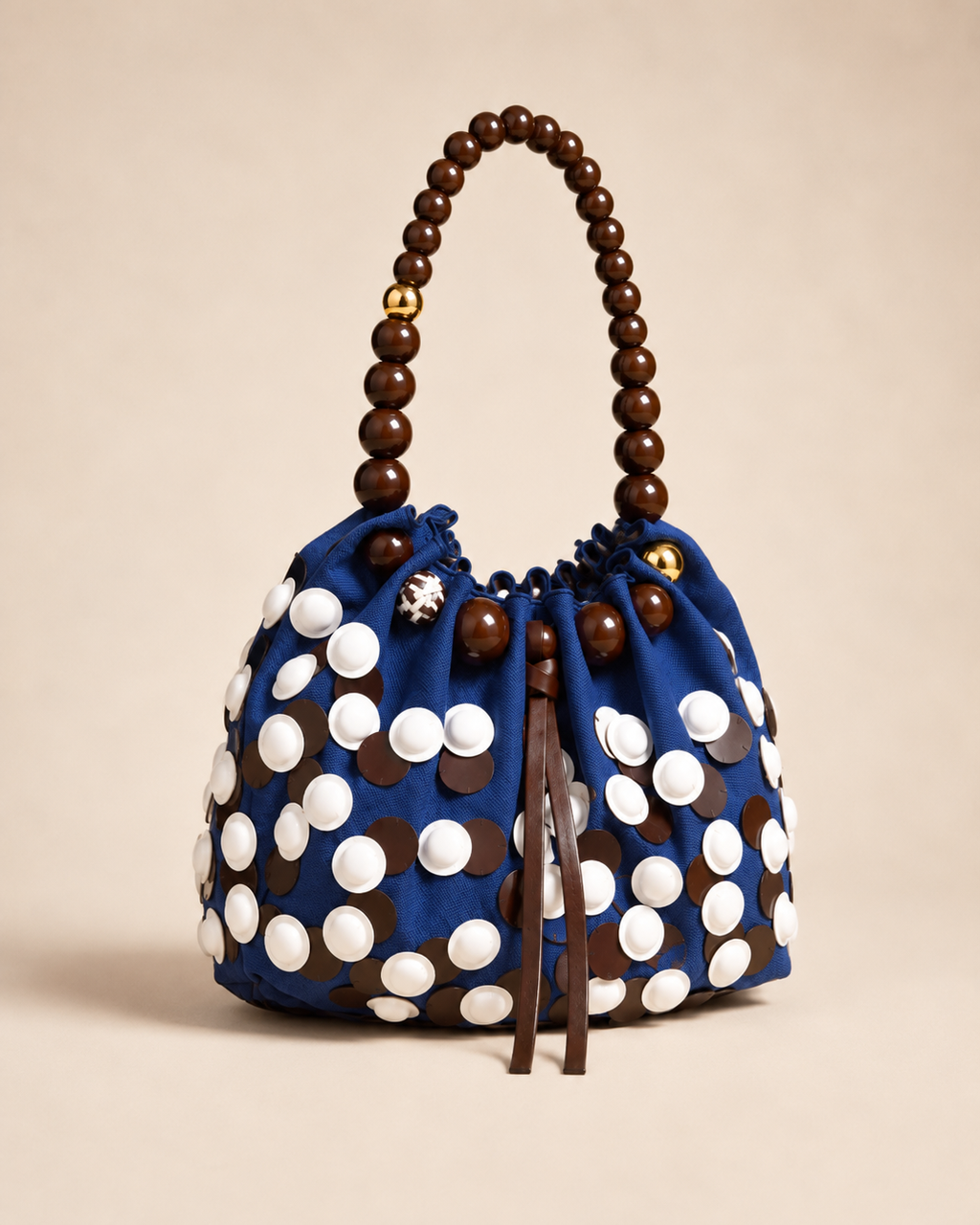 Modernist Cobalt Canvas Pouch Bag with Geometric Disc Appliqués and Beaded Arch Handle