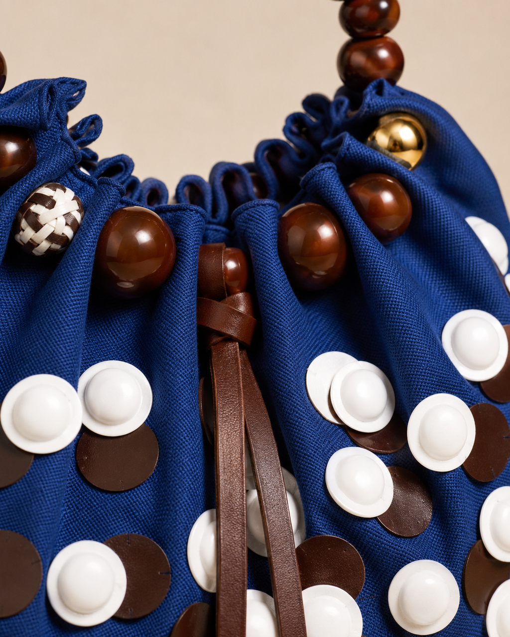 Modernist Cobalt Canvas Pouch Bag with Geometric Disc Appliqués and Beaded Arch Handle