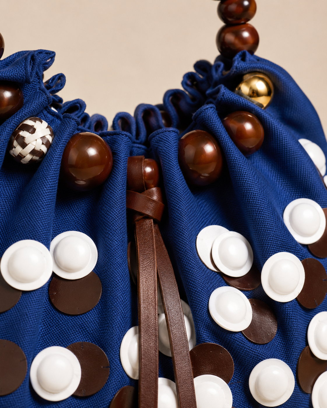 Modernist Cobalt Canvas Pouch Bag with Geometric Disc Appliqués and Beaded Arch Handle