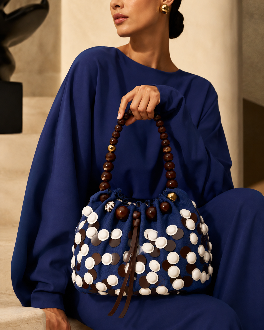 Modernist Cobalt Canvas Pouch Bag with Geometric Disc Appliqués and Beaded Arch Handle