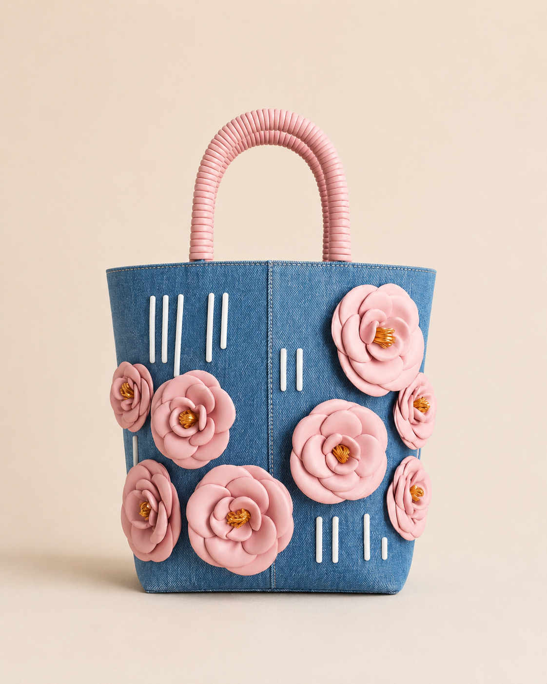 Editorial Denim Tote Bag with 3D Leather Camellia Appliqués and Rigid Ribbed Handle