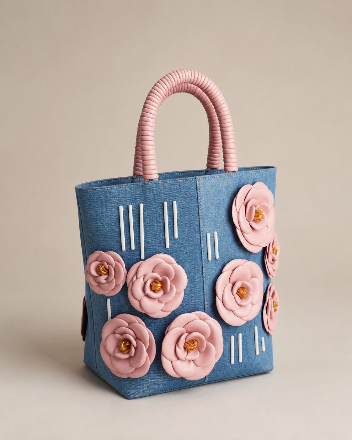 Editorial Denim Tote Bag with 3D Leather Camellia Appliqués and Rigid Ribbed Handle