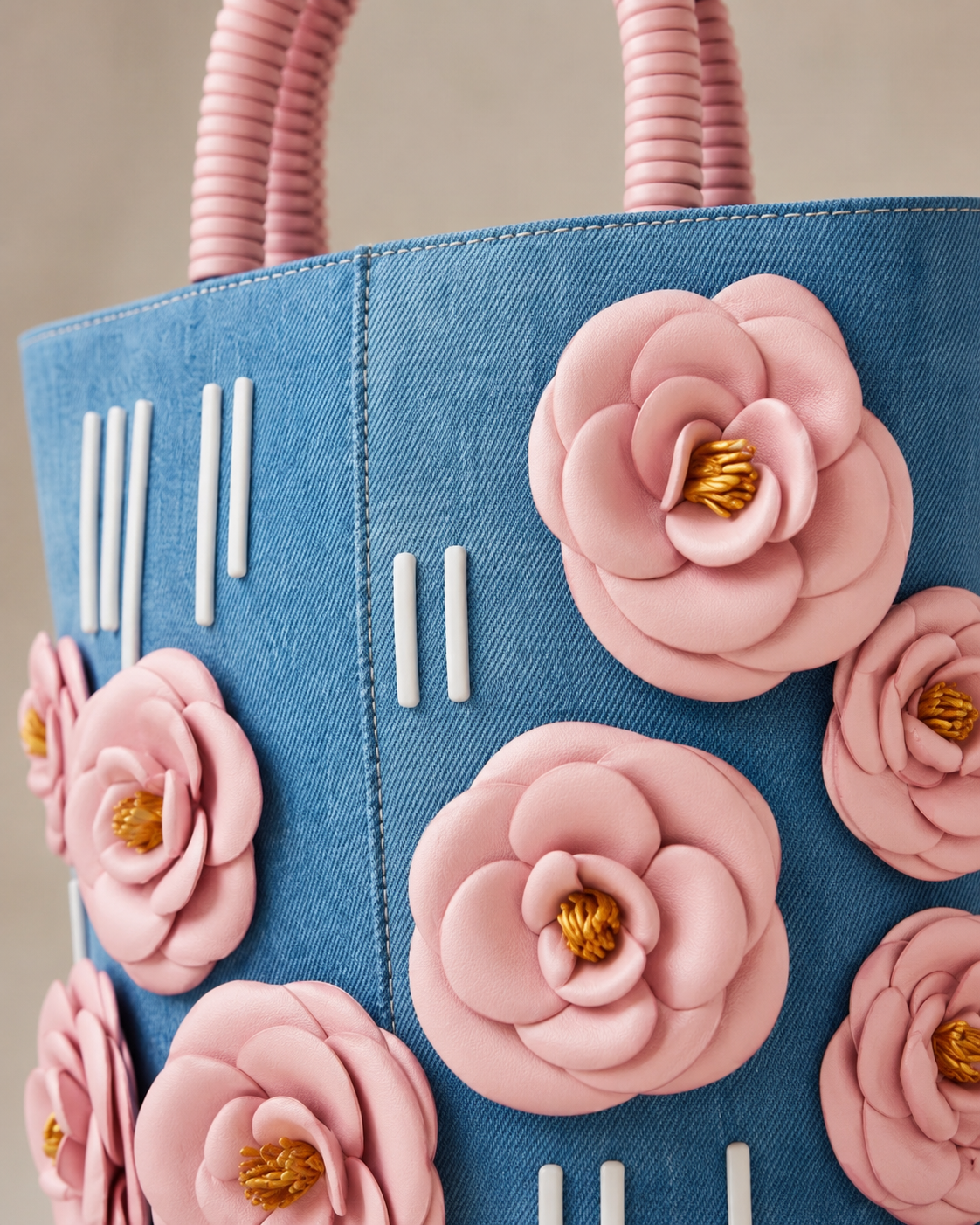Editorial Denim Tote Bag with 3D Leather Camellia Appliqués and Rigid Ribbed Handle
