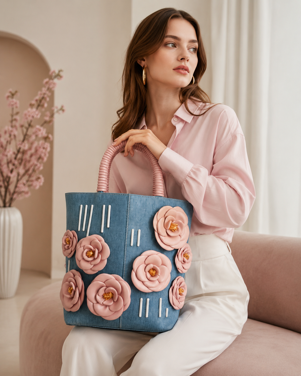 Editorial Denim Tote Bag with 3D Leather Camellia Appliqués and Rigid Ribbed Handle