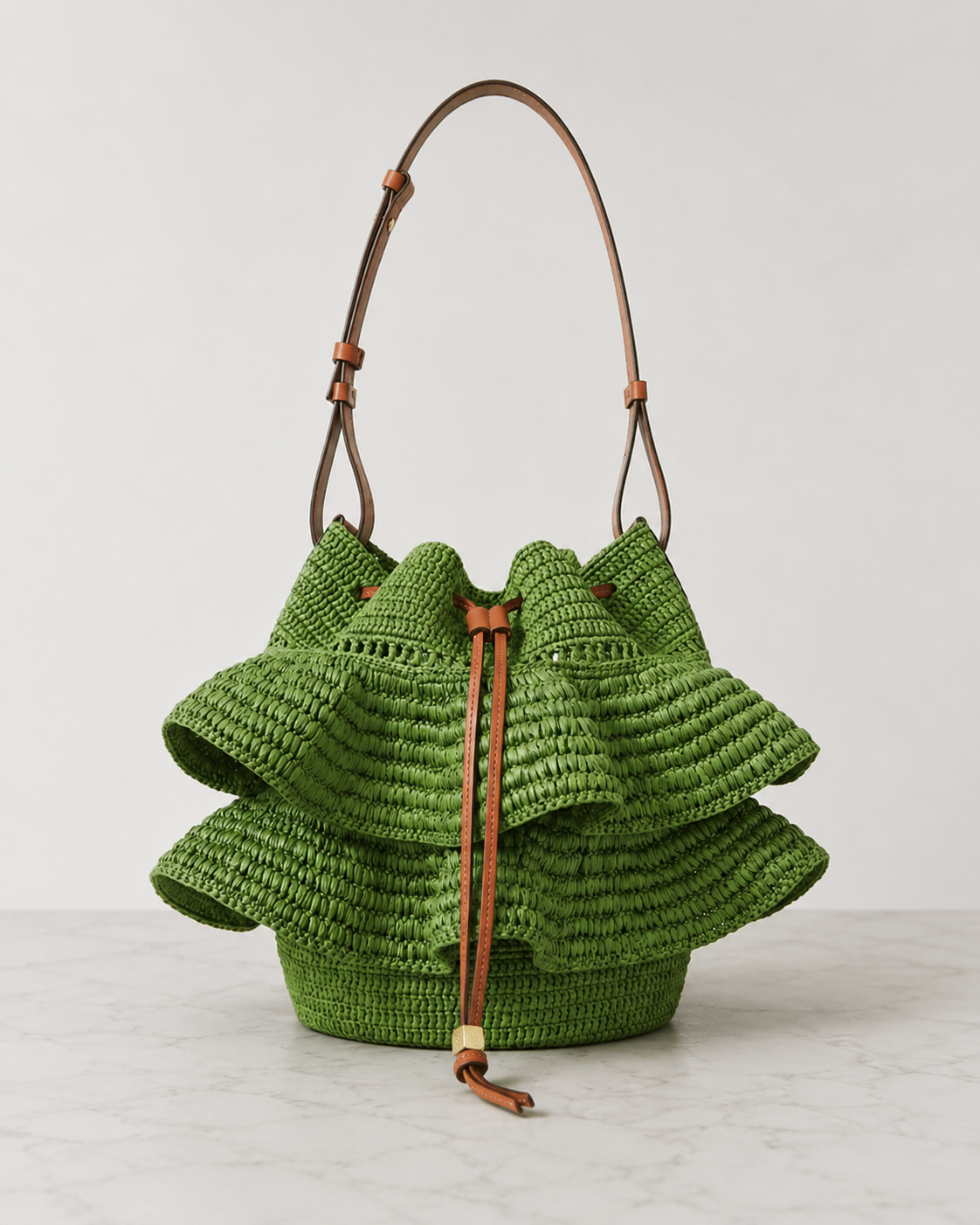 Architectural Ruffled Raffia Bucket Bag with Premium Leather Drawstrings
