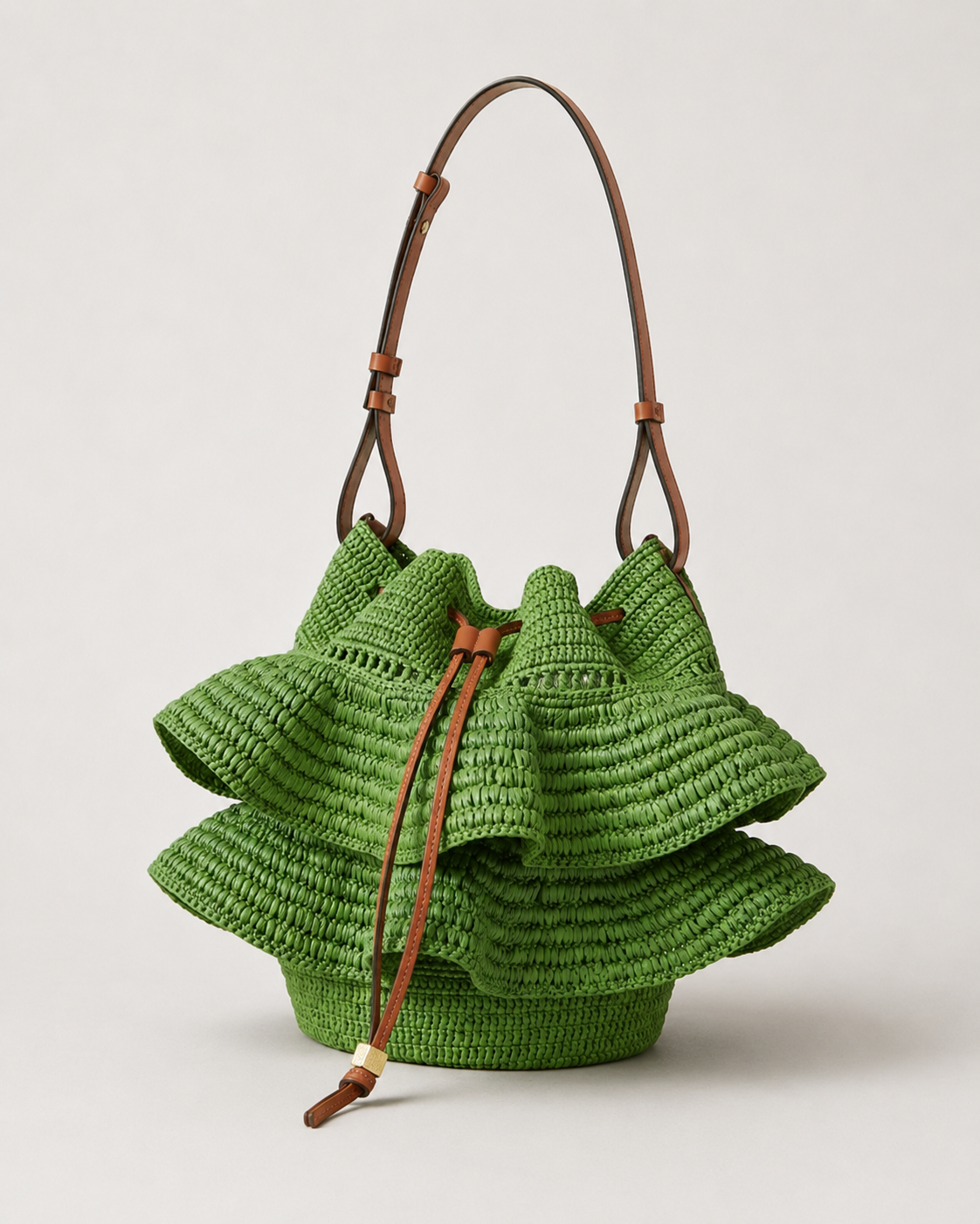 Architectural Ruffled Raffia Bucket Bag with Premium Leather Drawstrings