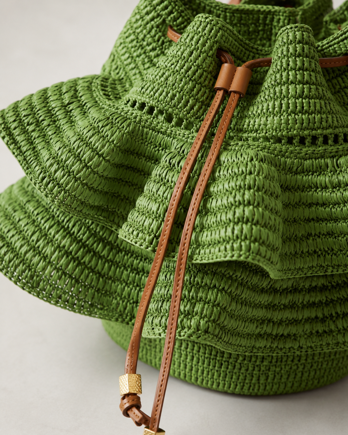 Architectural Ruffled Raffia Bucket Bag with Premium Leather Drawstrings