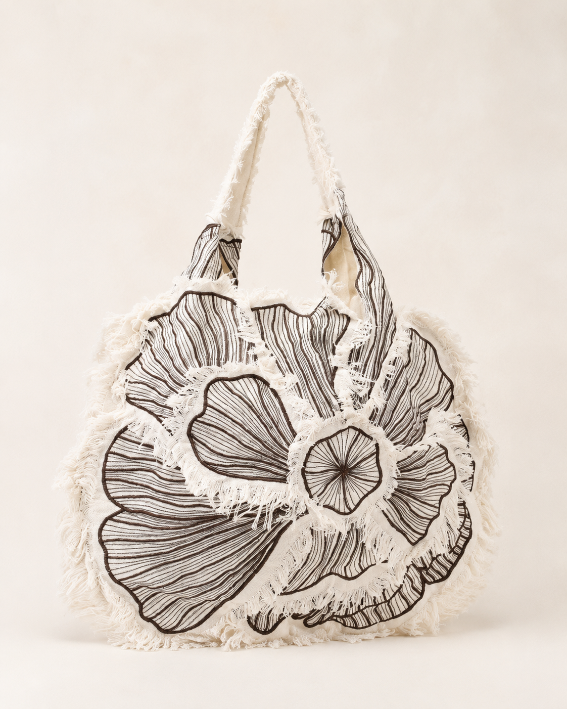 Botanical Petal Embroidered Cotton-Linen Tote Bag with Fringe Trim