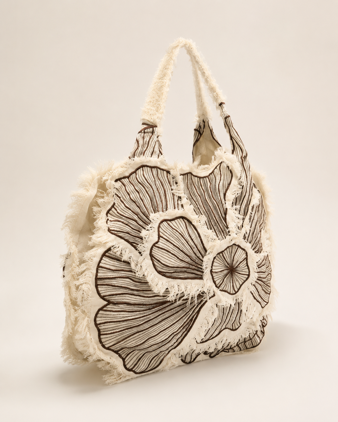 Botanical Petal Embroidered Cotton-Linen Tote Bag with Fringe Trim