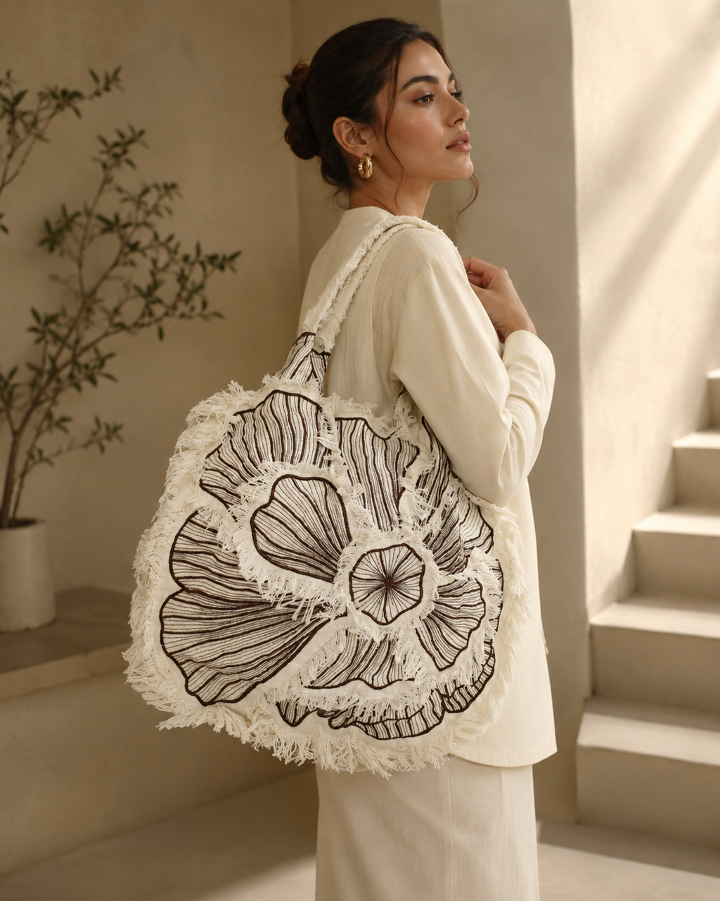 Botanical Petal Embroidered Cotton-Linen Tote Bag with Fringe Trim