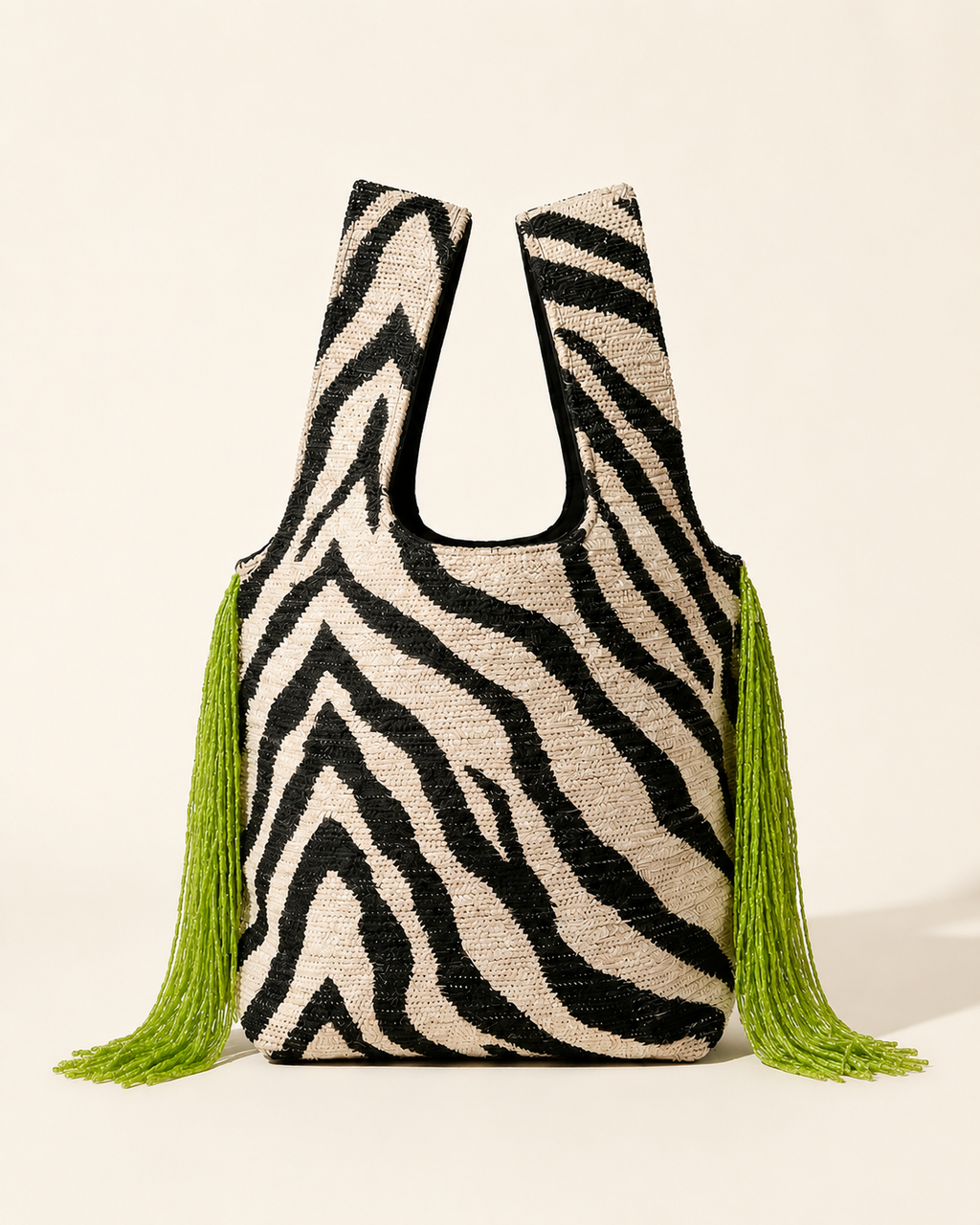 Zebra-Stripe Beaded Market Bag with Lime Green Tassel Fringe