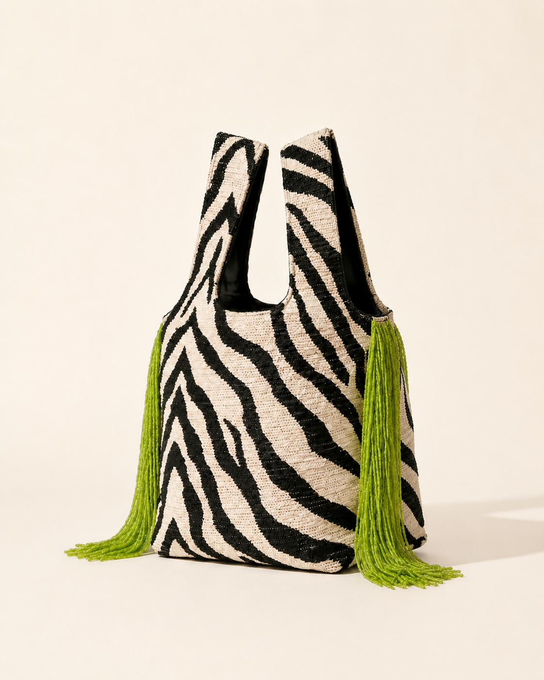 Zebra-Stripe Beaded Market Bag with Lime Green Tassel Fringe