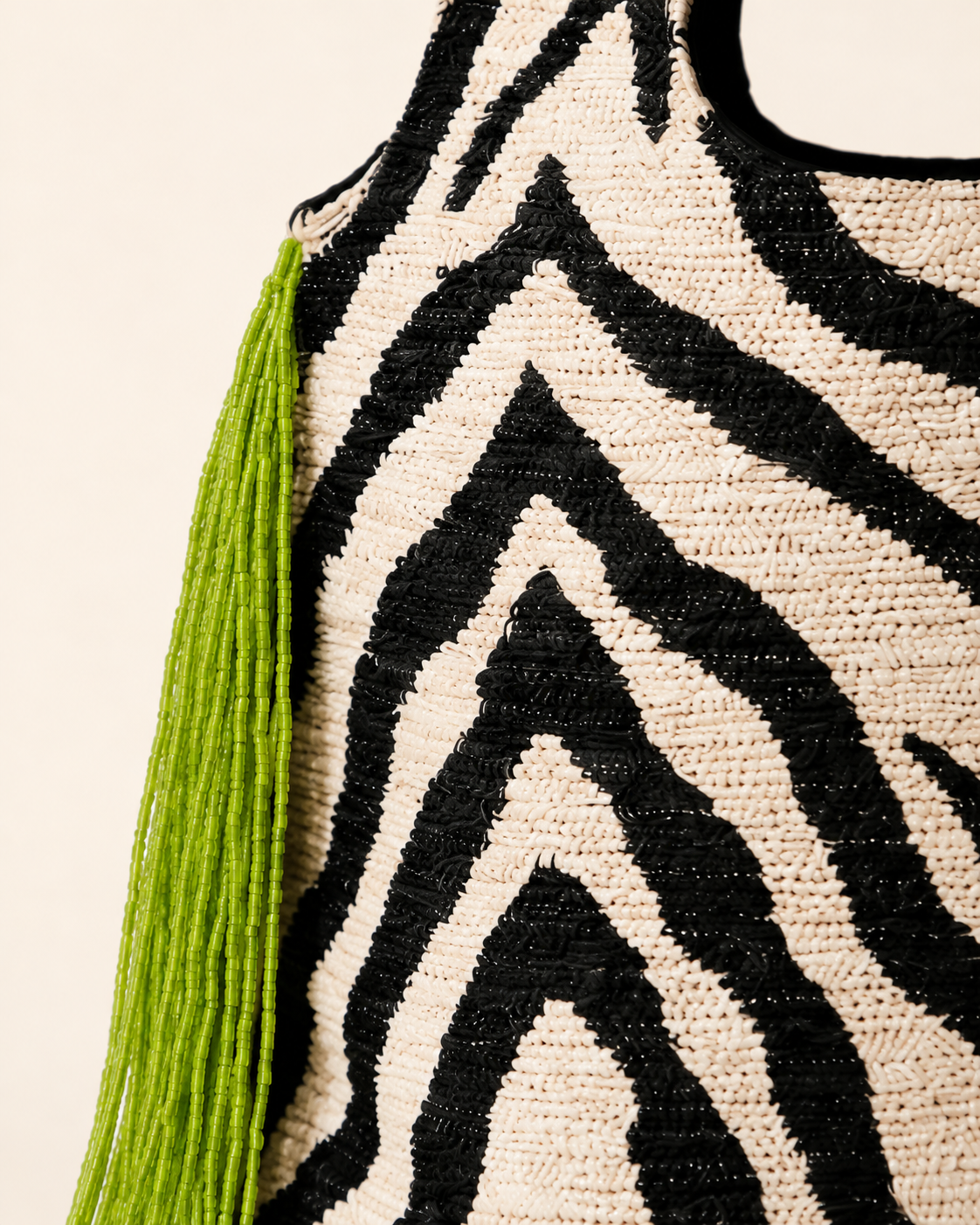 Zebra-Stripe Beaded Market Bag with Lime Green Tassel Fringe