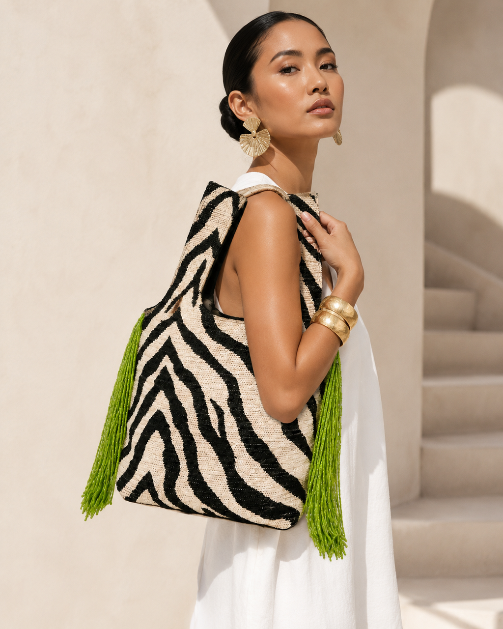 Zebra-Stripe Beaded Market Bag with Lime Green Tassel Fringe