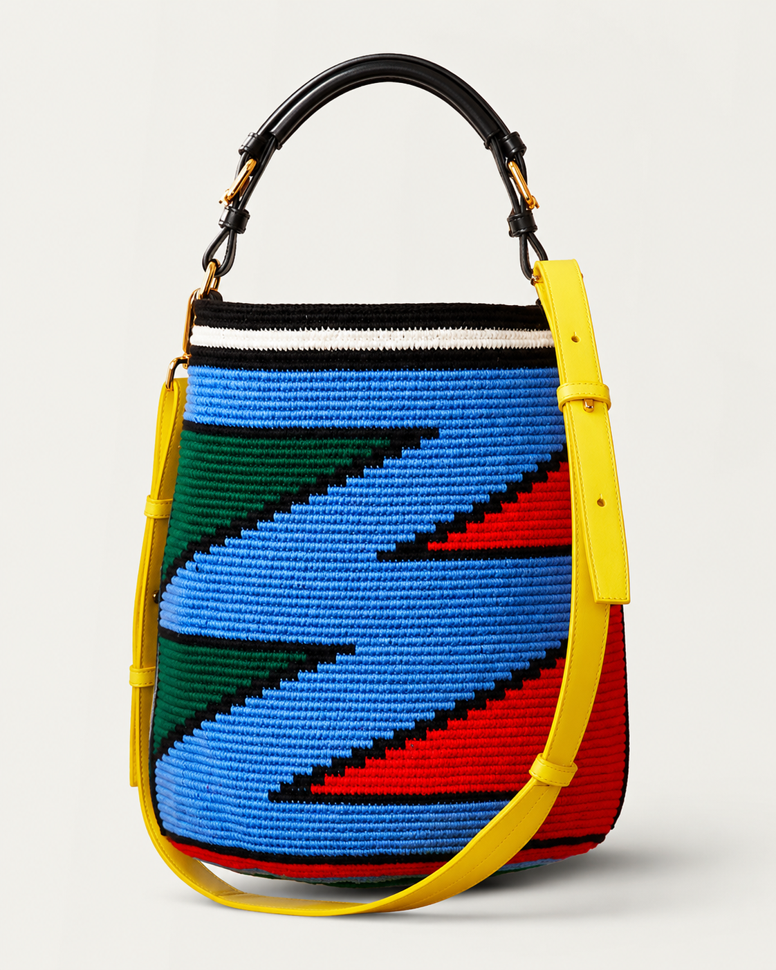 Color-Block Geometric Knit Bucket Bag with Premium Yellow Leather Straps