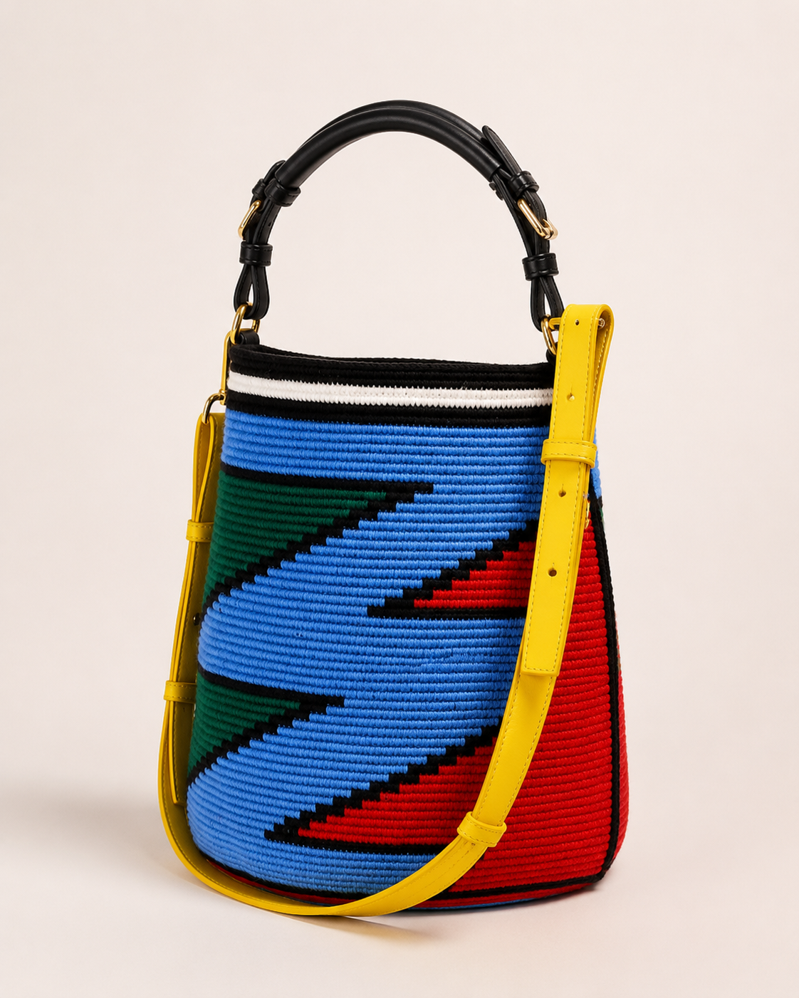 Color-Block Geometric Knit Bucket Bag with Premium Yellow Leather Straps