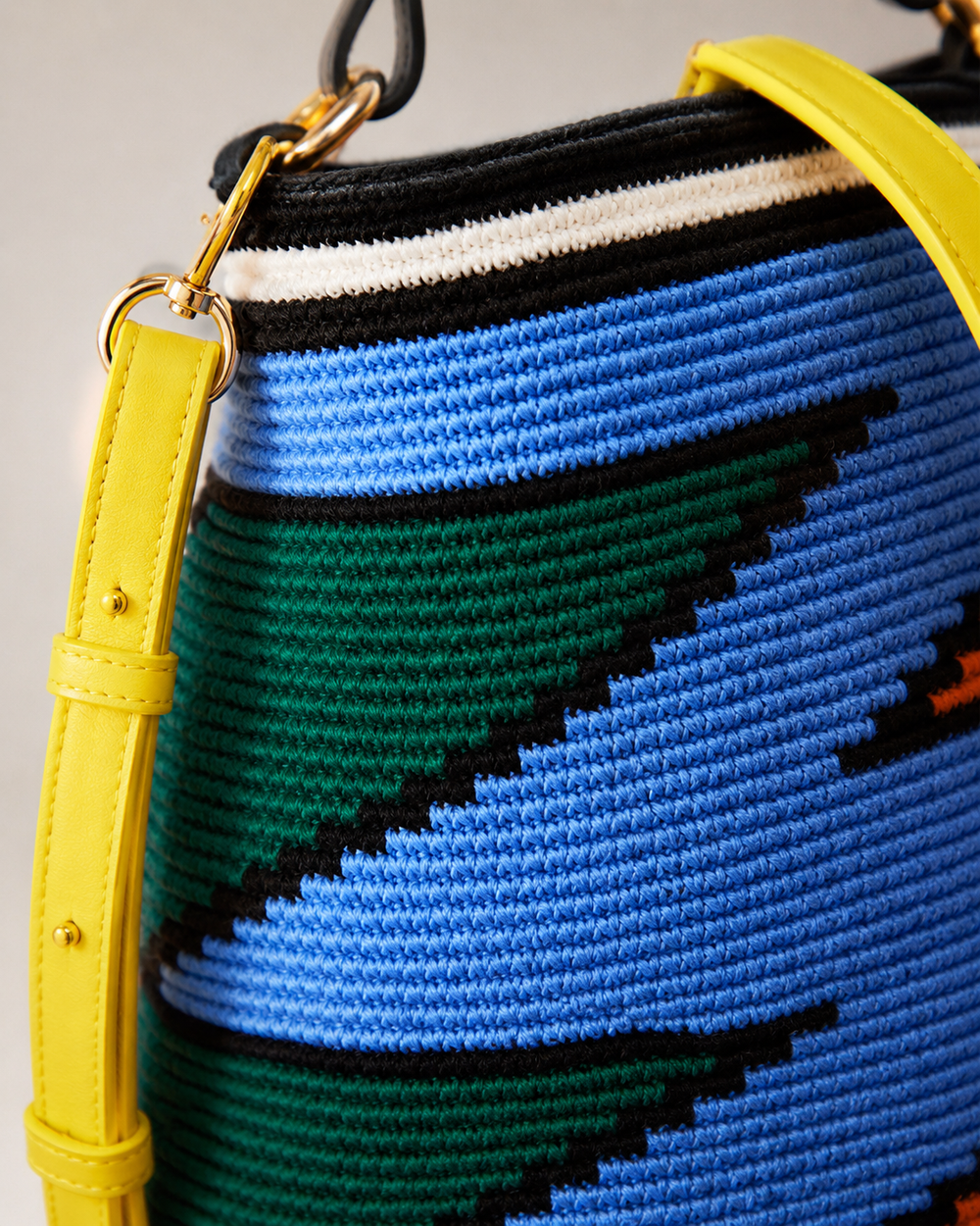 Color-Block Geometric Knit Bucket Bag with Premium Yellow Leather Straps