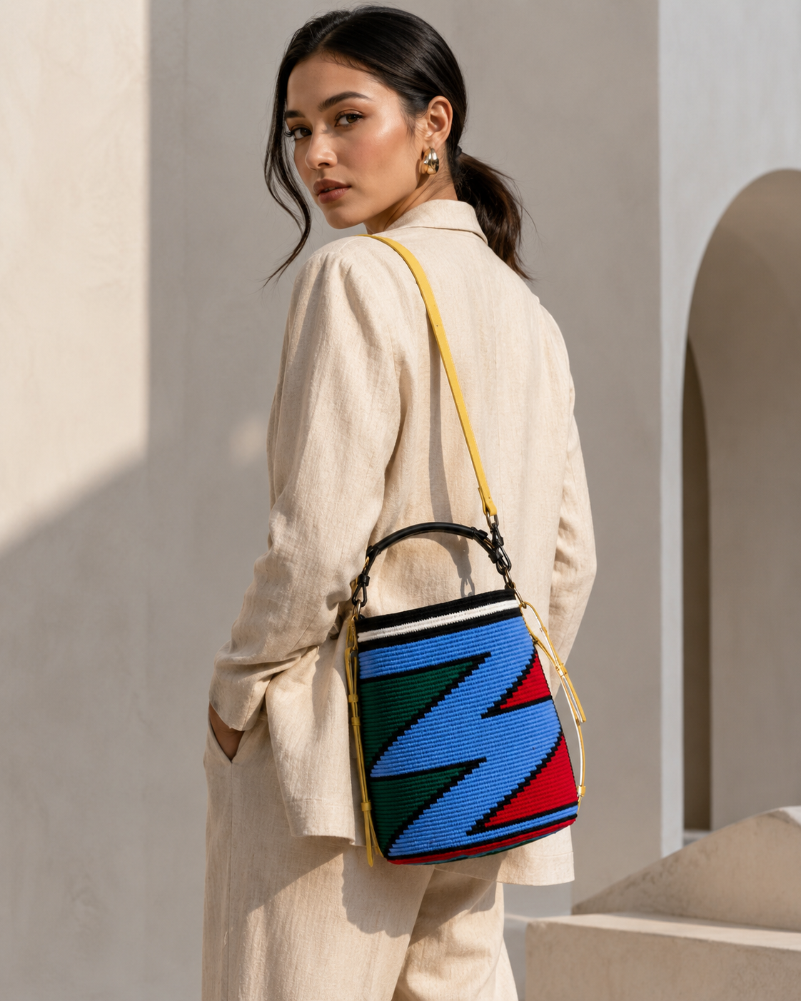 Color-Block Geometric Knit Bucket Bag with Premium Yellow Leather Straps