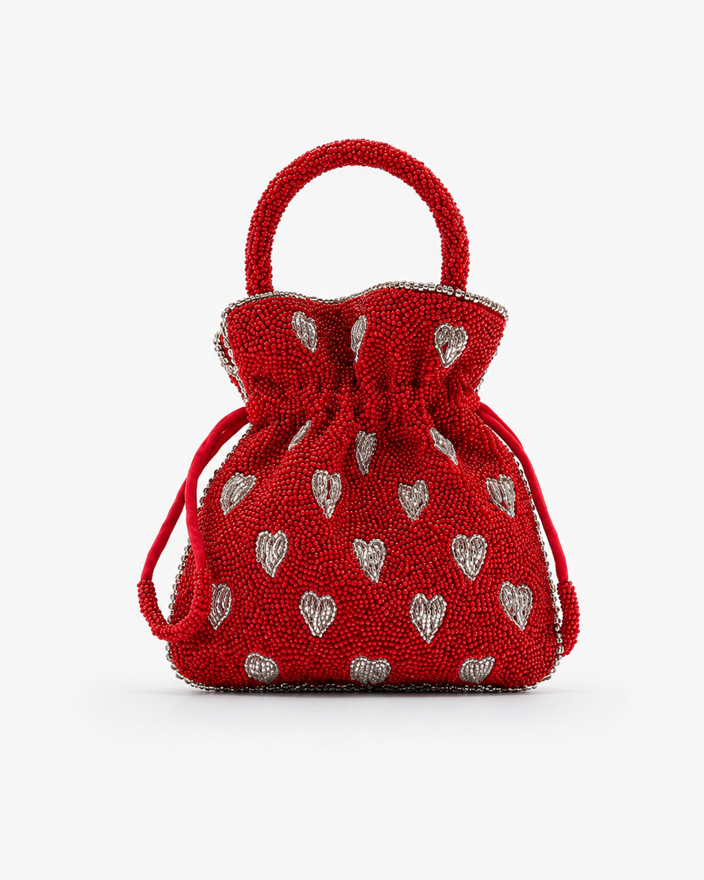 Romantic Heart-Embellished Beaded Drawstring Pouch Bag in Crimson Red