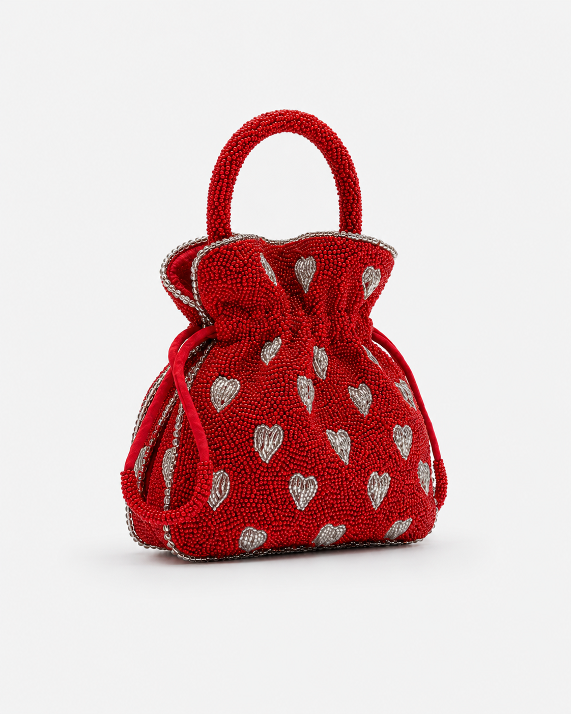 Romantic Heart-Embellished Beaded Drawstring Pouch Bag in Crimson Red