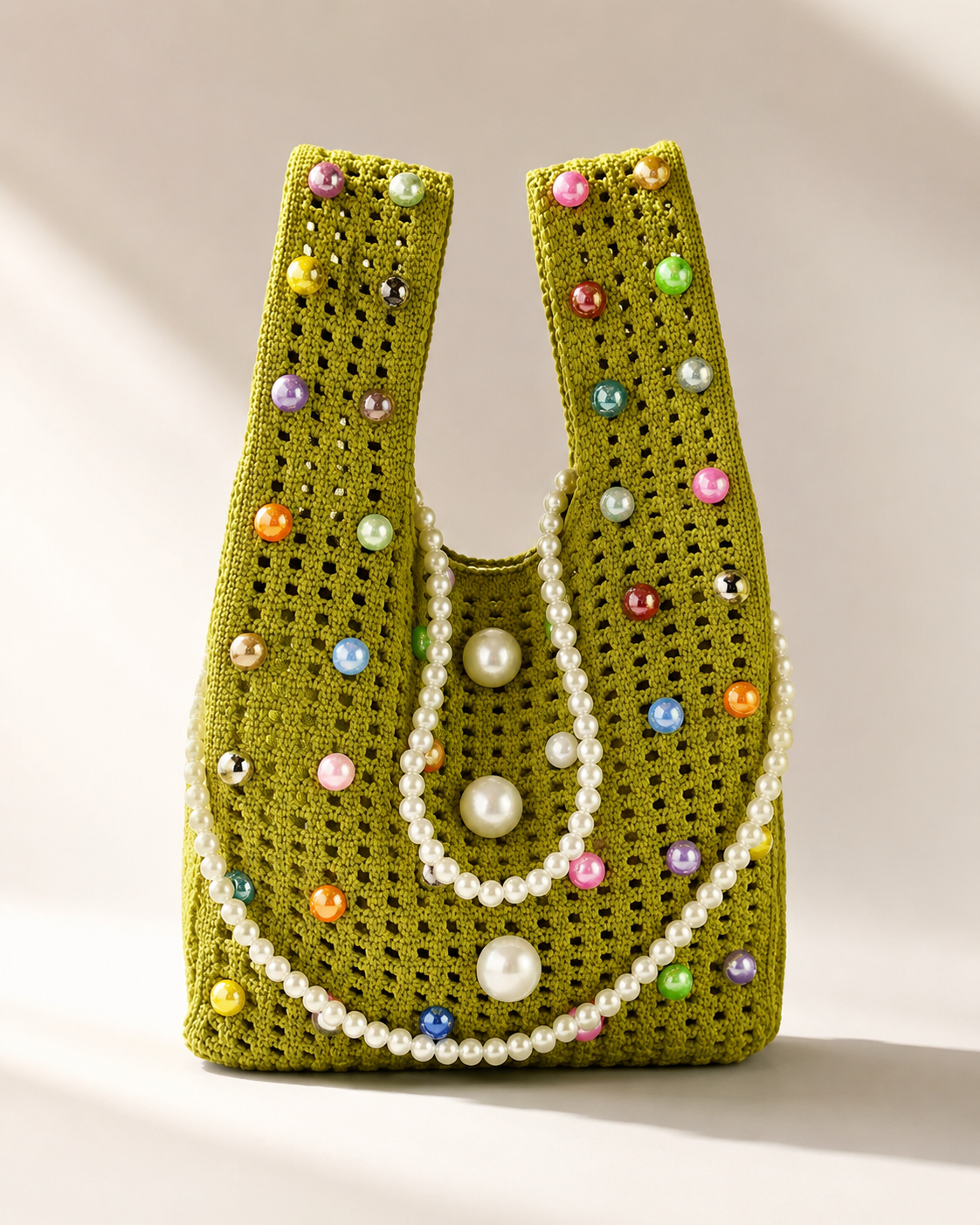 Whimsical Open-Knit Market Bag with Multicolored Baubles and Faux Pearl Swags