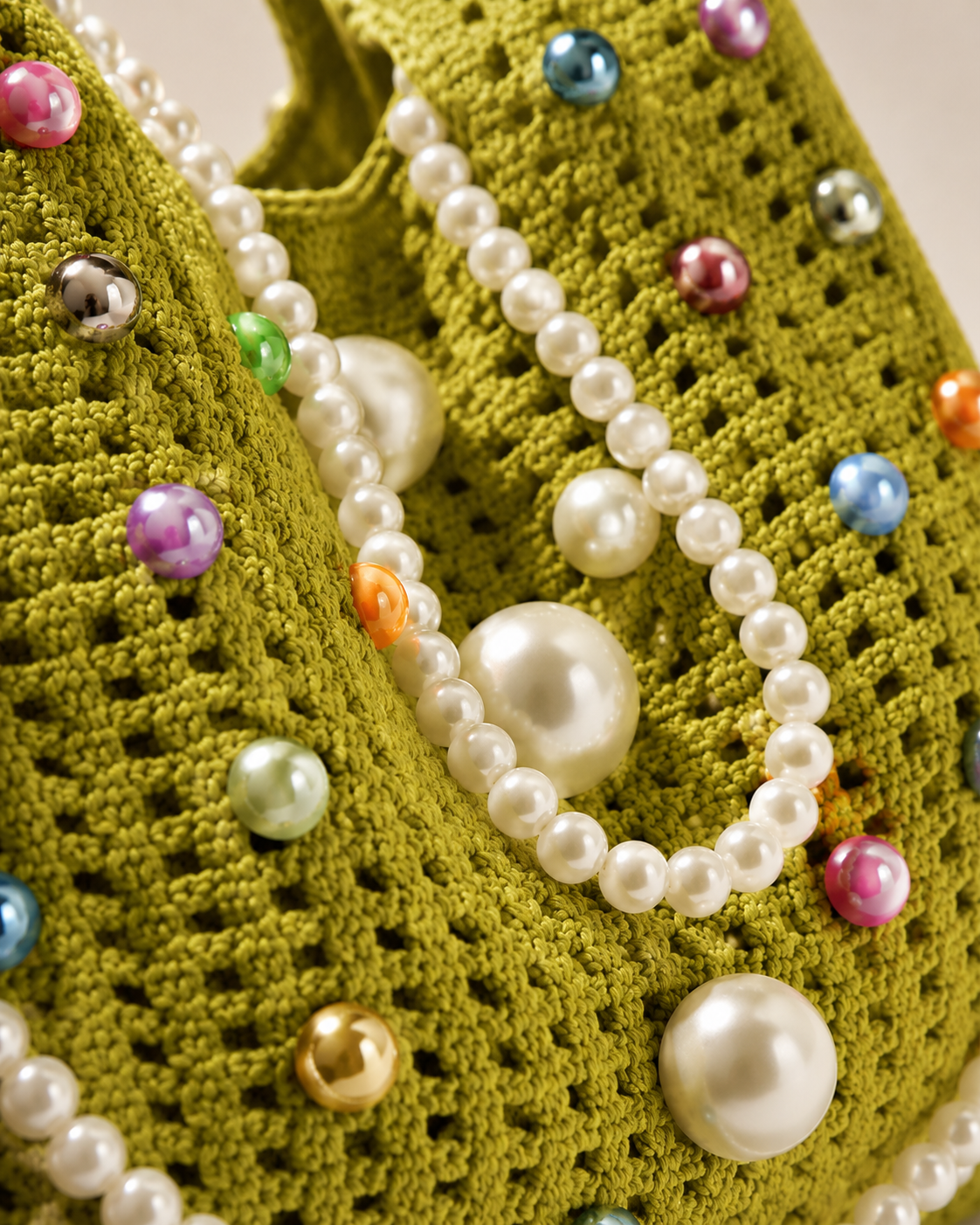 Whimsical Open-Knit Market Bag with Multicolored Baubles and Faux Pearl Swags