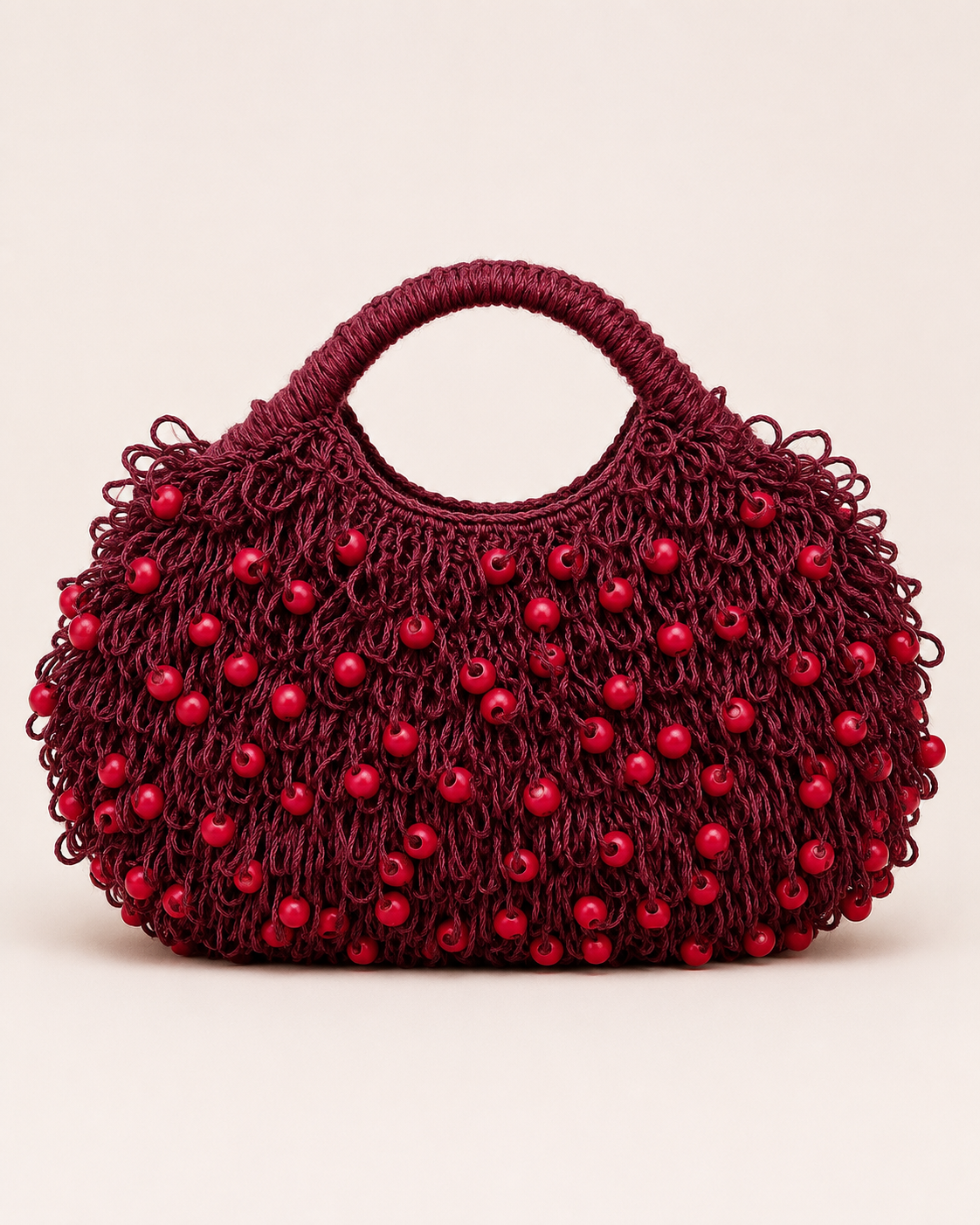Editorial Shaggy Loop Knit Tote with Polished Red Wooden Beads