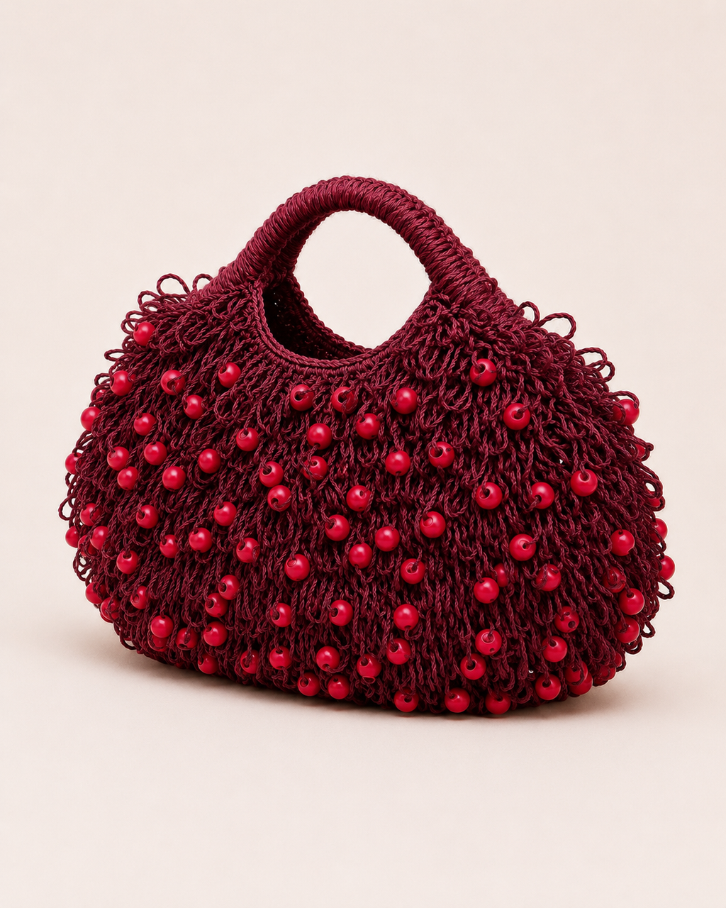 Editorial Shaggy Loop Knit Tote with Polished Red Wooden Beads