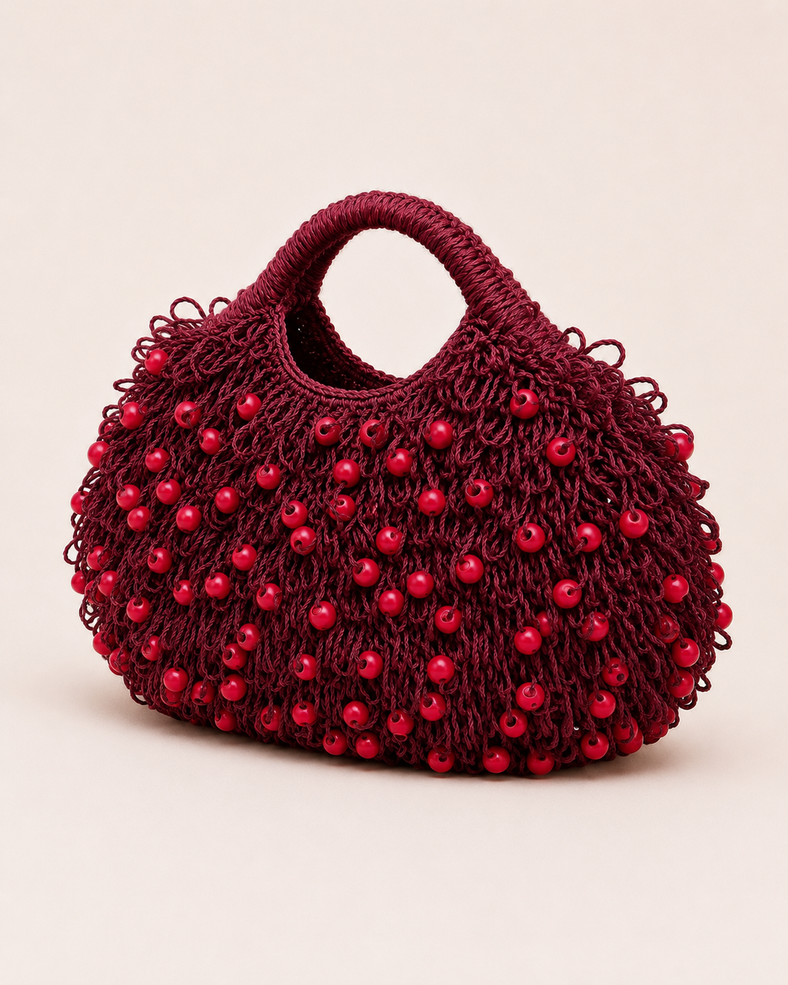 Editorial Shaggy Loop Knit Tote with Polished Red Wooden Beads