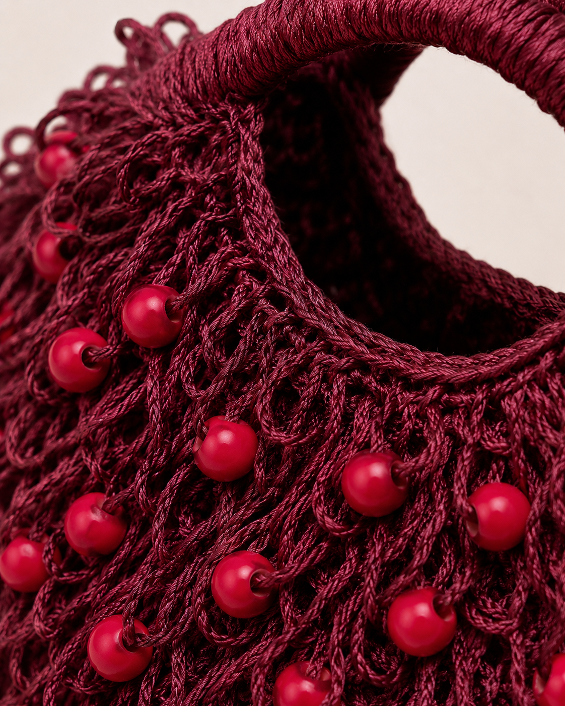 Editorial Shaggy Loop Knit Tote with Polished Red Wooden Beads
