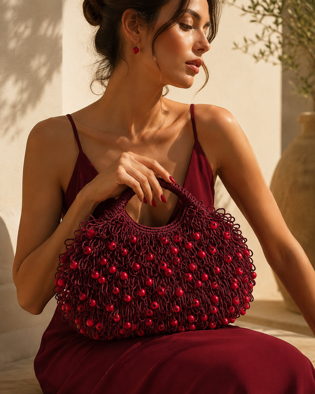 Editorial Shaggy Loop Knit Tote with Polished Red Wooden Beads