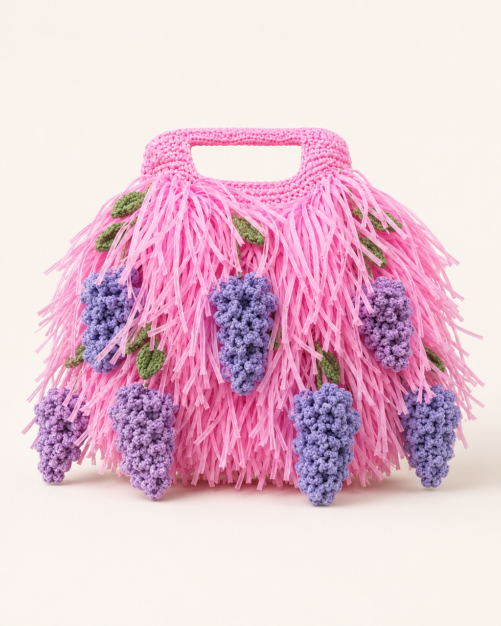 Avant-Garde Raffia Fringe Statement Tote with Crocheted Wisteria Clusters