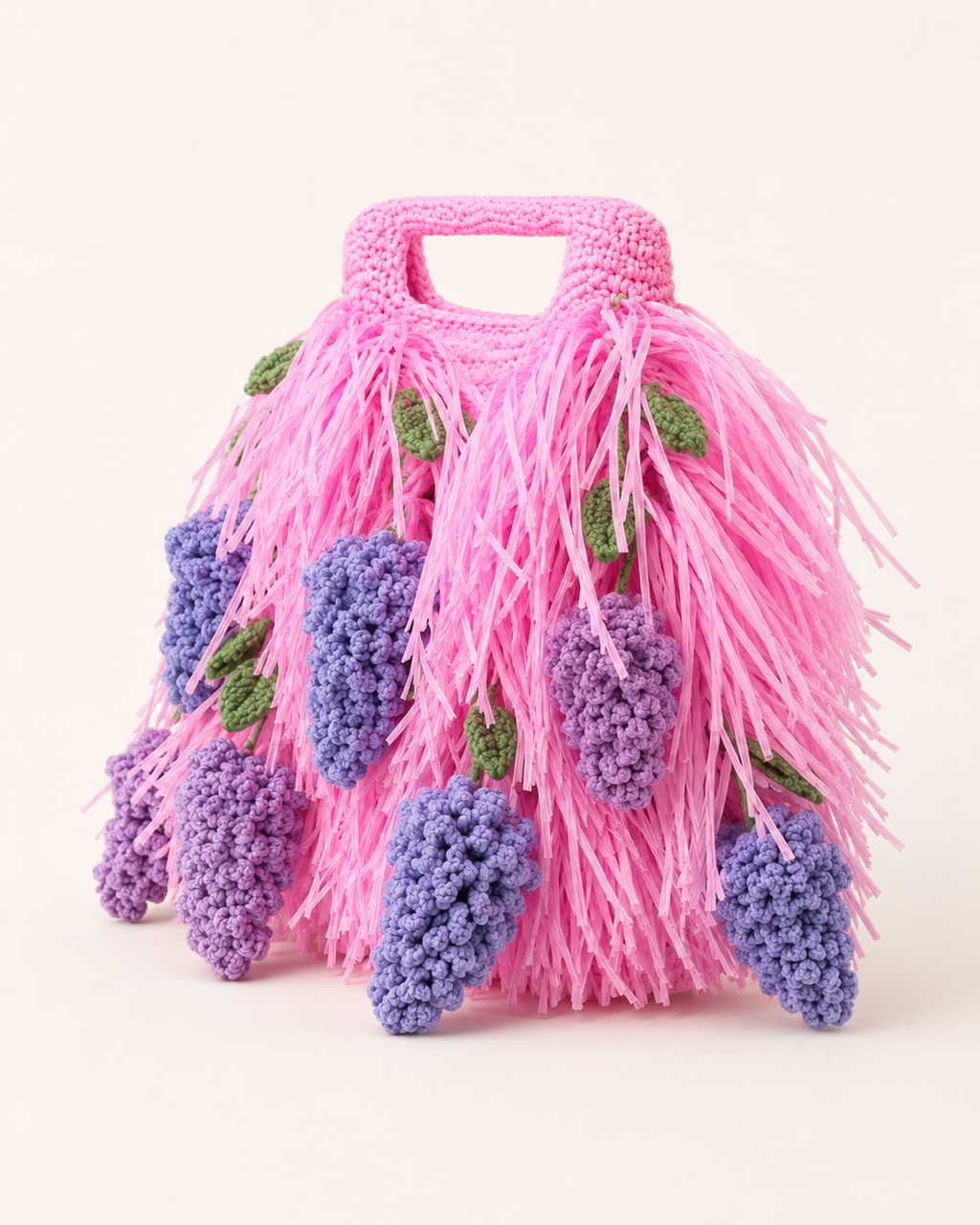 Avant-Garde Raffia Fringe Statement Tote with Crocheted Wisteria Clusters