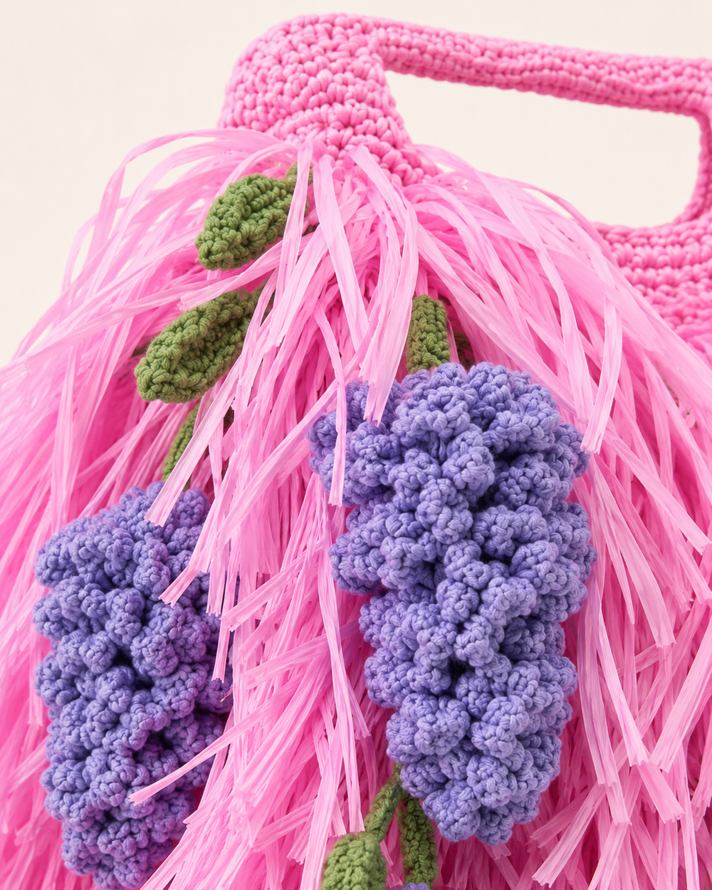 Avant-Garde Raffia Fringe Statement Tote with Crocheted Wisteria Clusters