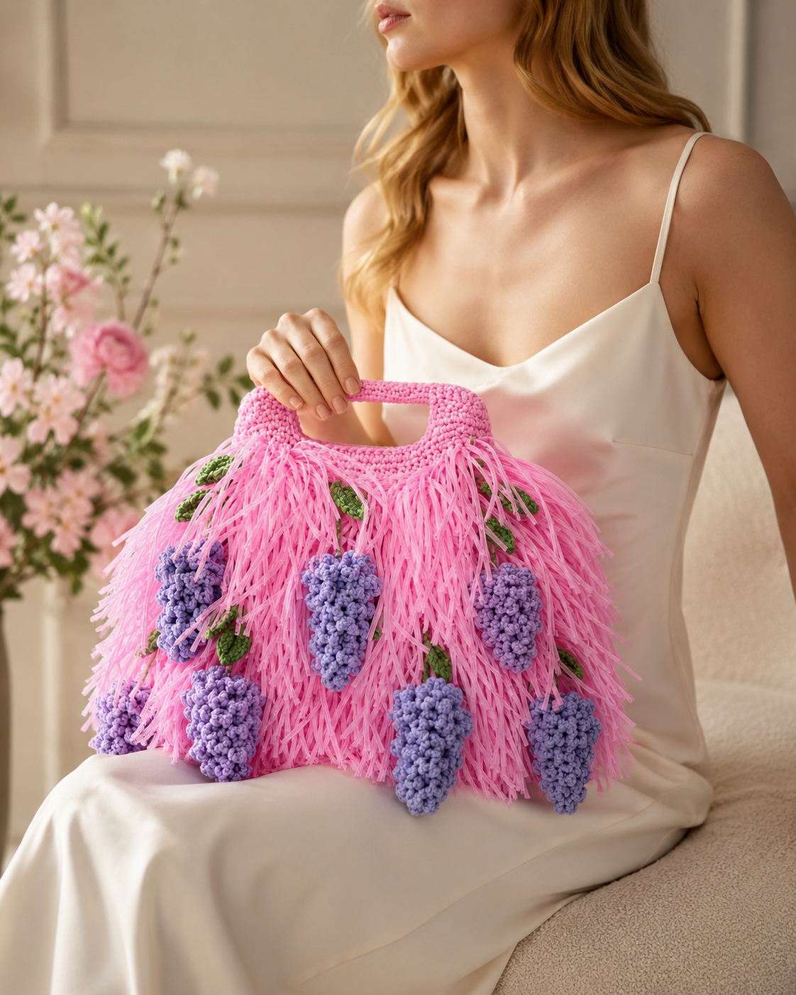 Avant-Garde Raffia Fringe Statement Tote with Crocheted Wisteria Clusters