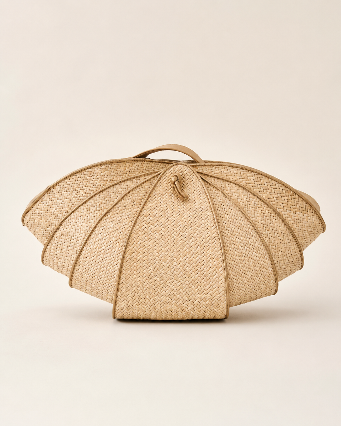 Architectural Woven Straw Scallop Shell Clutch with Leather Piping