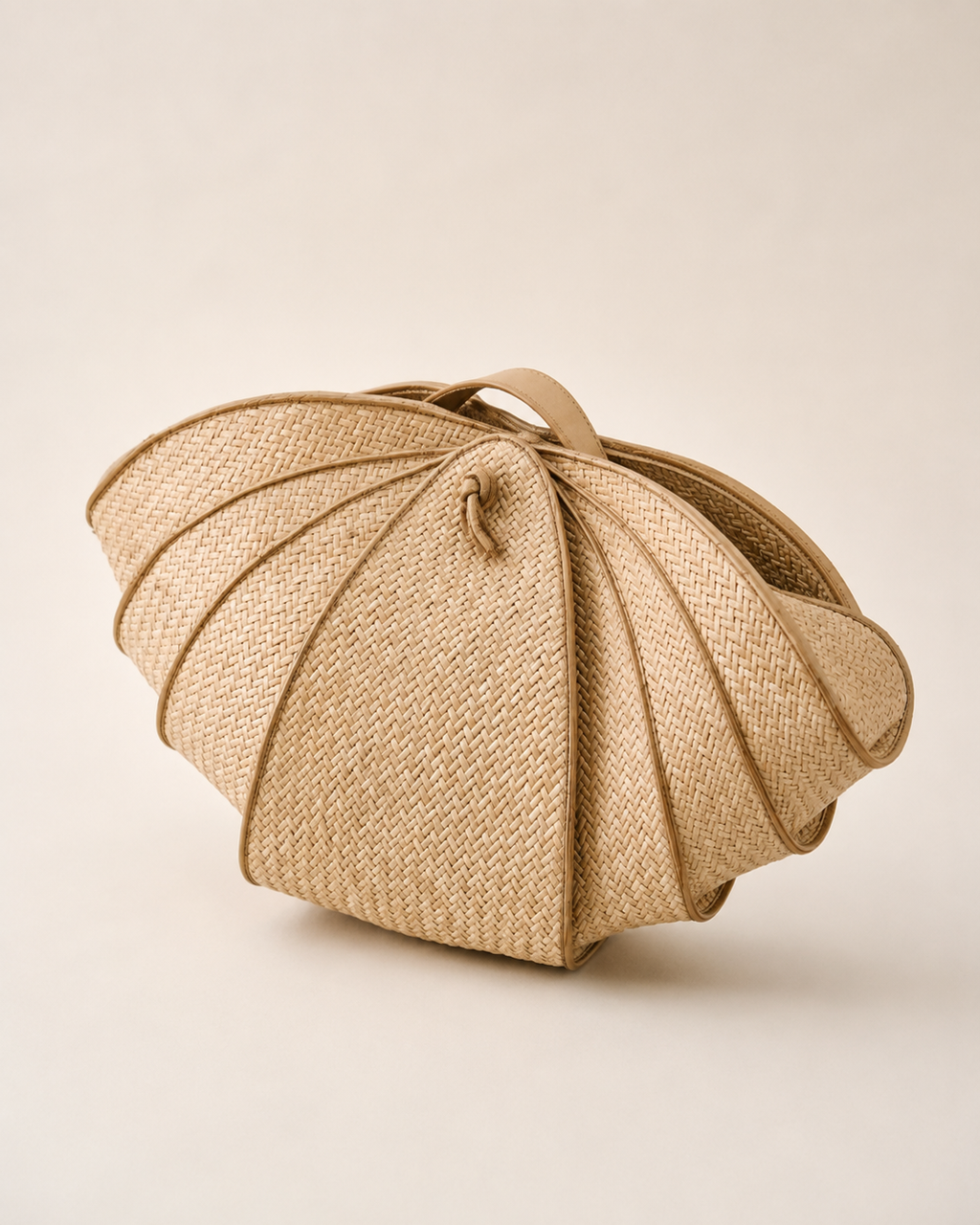 Architectural Woven Straw Scallop Shell Clutch with Leather Piping