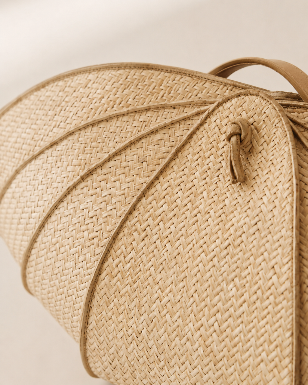 Architectural Woven Straw Scallop Shell Clutch with Leather Piping