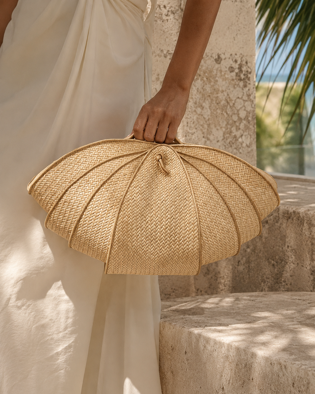 Architectural Woven Straw Scallop Shell Clutch with Leather Piping
