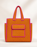 Textured Shell-Stitch Raffia Tote Bag with Contrast Fuchsia Trim