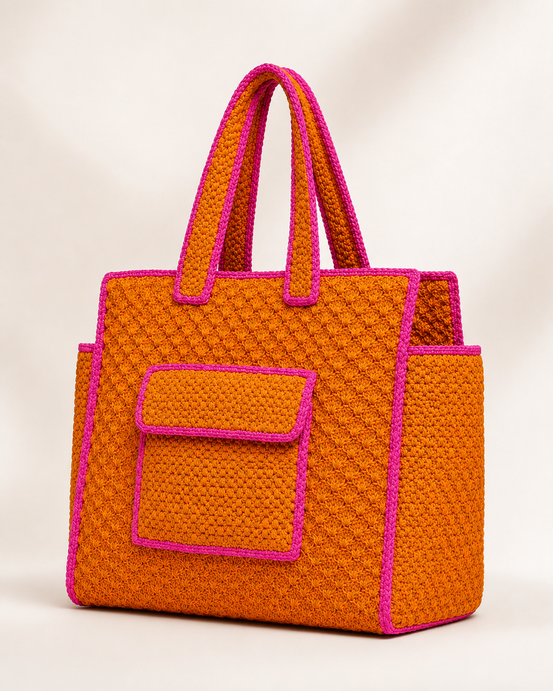 Textured Shell-Stitch Raffia Tote Bag with Contrast Fuchsia Trim
