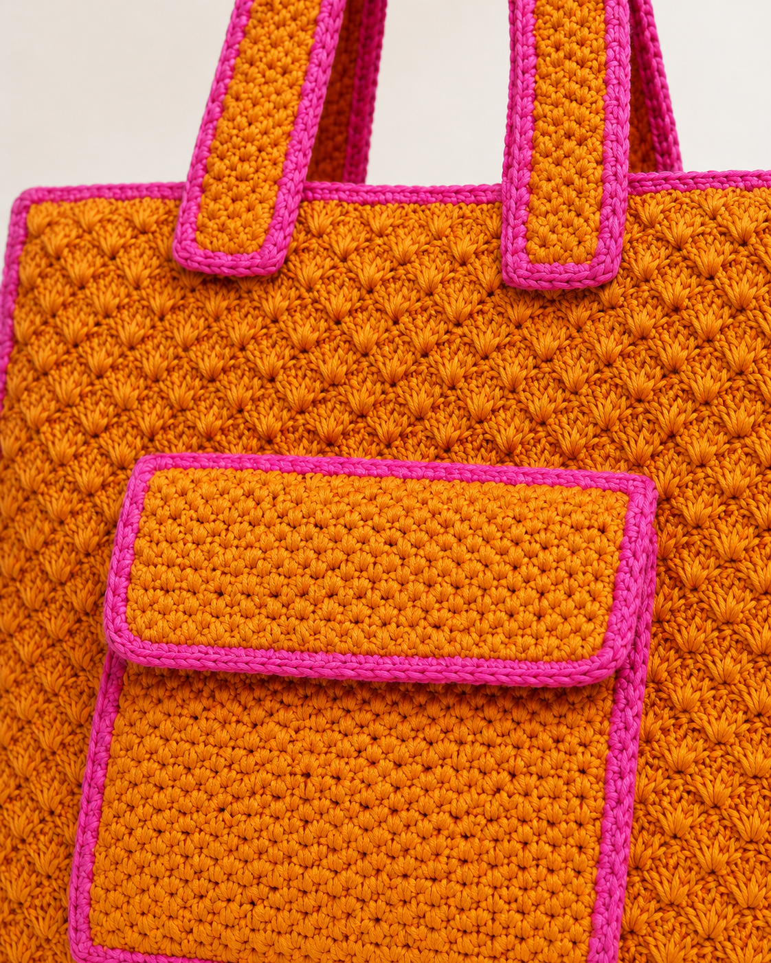 Textured Shell-Stitch Raffia Tote Bag with Contrast Fuchsia Trim