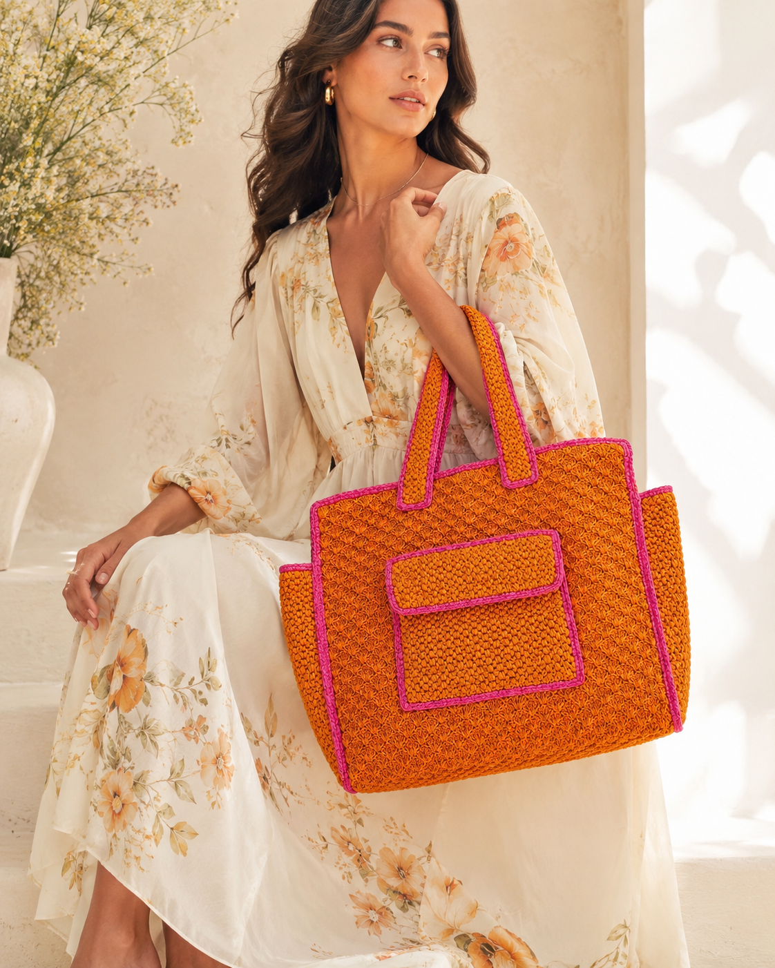 Textured Shell-Stitch Raffia Tote Bag with Contrast Fuchsia Trim