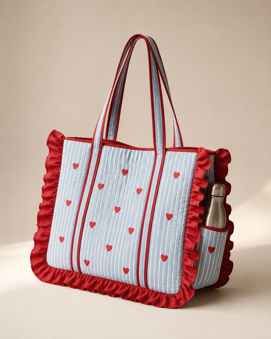 Heart Embroidery Striped Quilted Tote Bag with Ruffle Trim