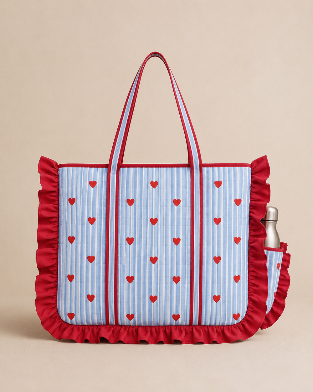 Heart Embroidery Striped Quilted Tote Bag with Ruffle Trim
