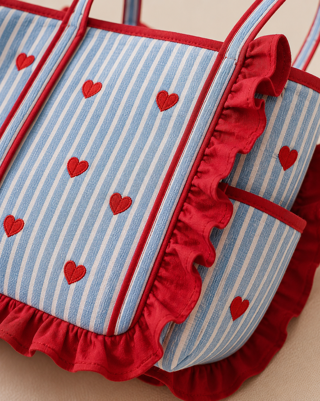 Heart Embroidery Striped Quilted Tote Bag with Ruffle Trim