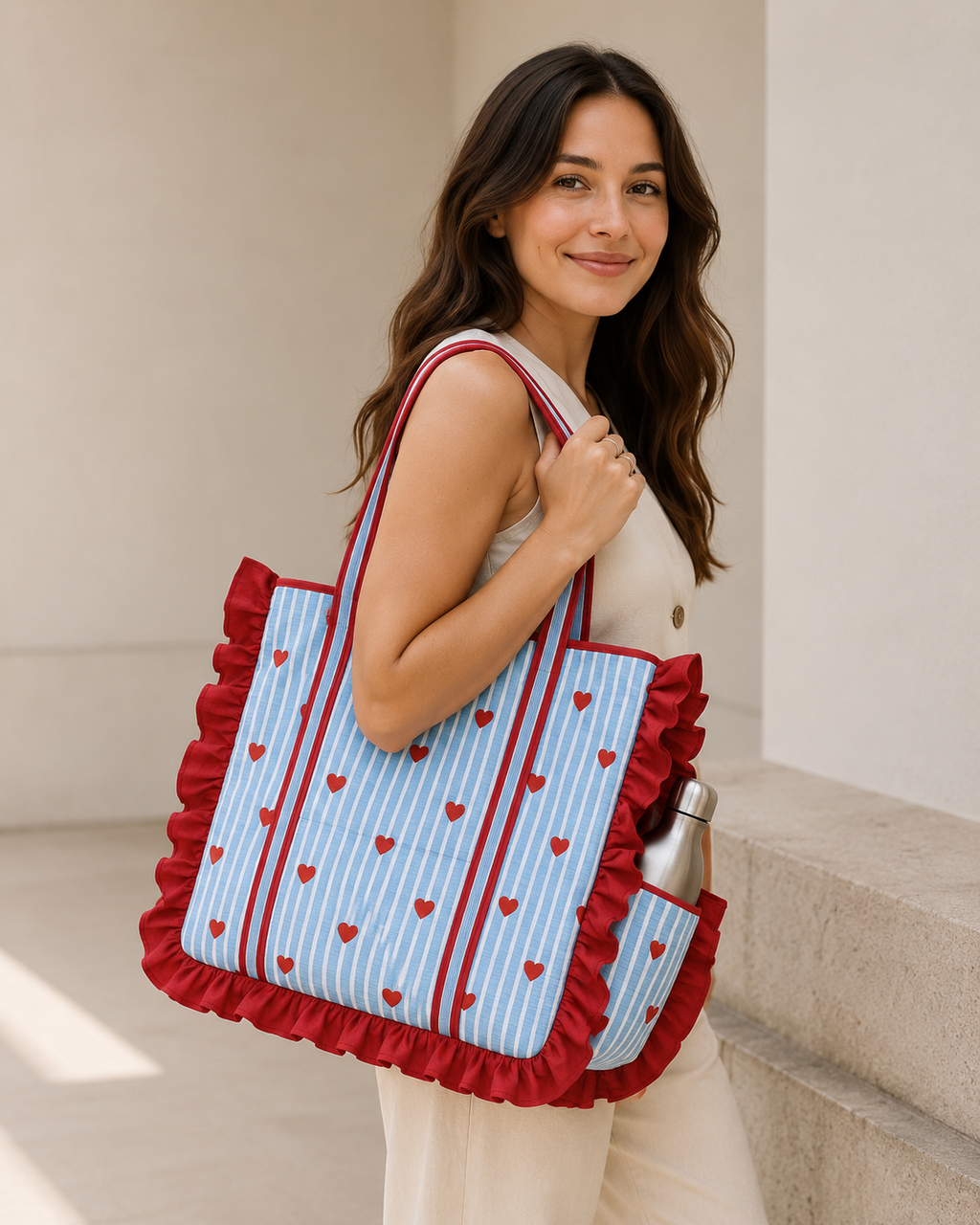 Heart Embroidery Striped Quilted Tote Bag with Ruffle Trim